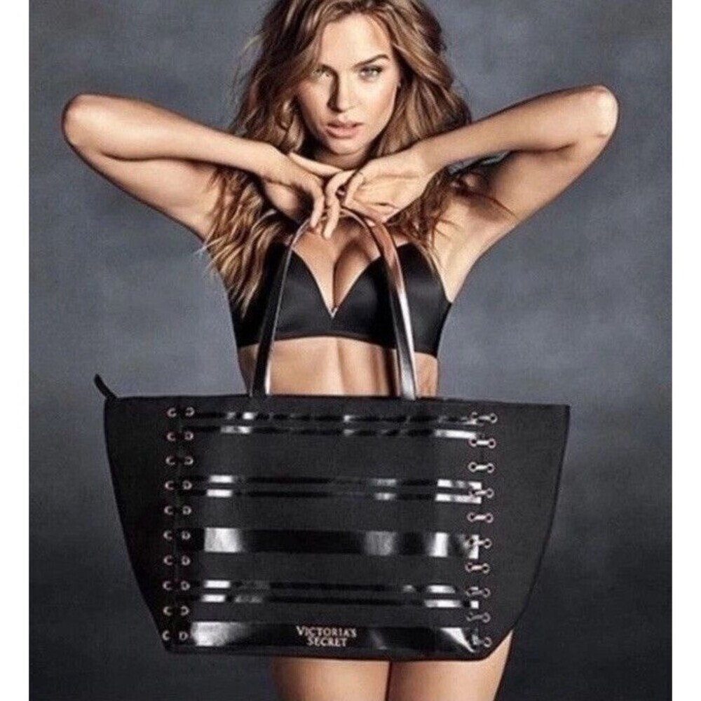 Victoria's Secret Black Noir Corset Lace Up Large Weekender Zipper Tote NWT - Picture 2 of 3